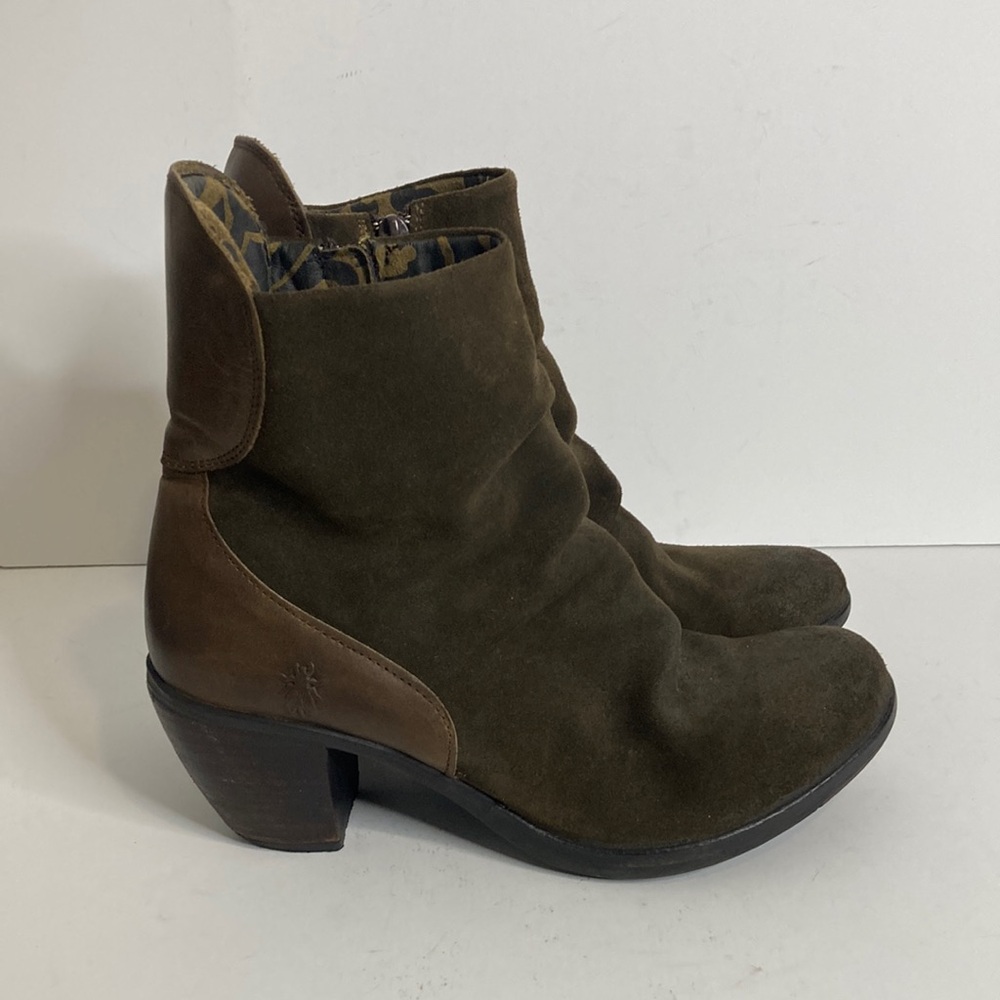 Fly London Boots Womens 40 9 9.5 Brown Suede Leather Ruched Heeled Booties